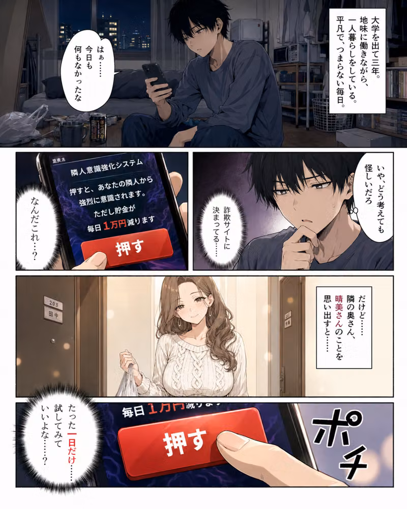 押すたび1万円消えるボタン…その度に隣の人妻がエロく体を擦りつけて誘惑してくる hitomiエロ漫画raw サンプル画像001
