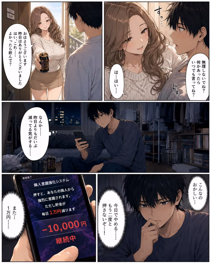 押すたび1万円消えるボタン…その度に隣の人妻がエロく体を擦りつけて誘惑してくる hitomiエロ漫画raw サンプル画像005
