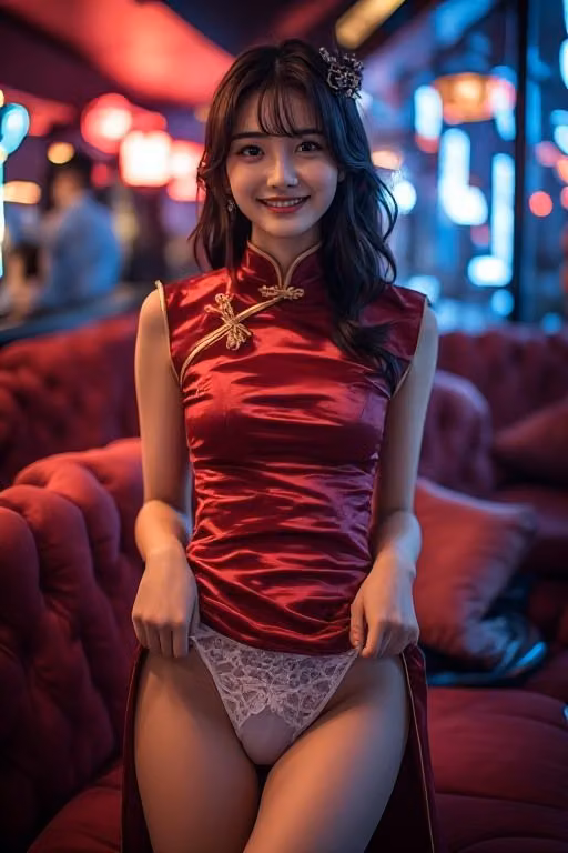 チャイナドレスパンチラで客を誘うキャバ嬢と妄想したヘアヌードを再現したAI生成画像集 hitomiエロ漫画raw サンプル画像002