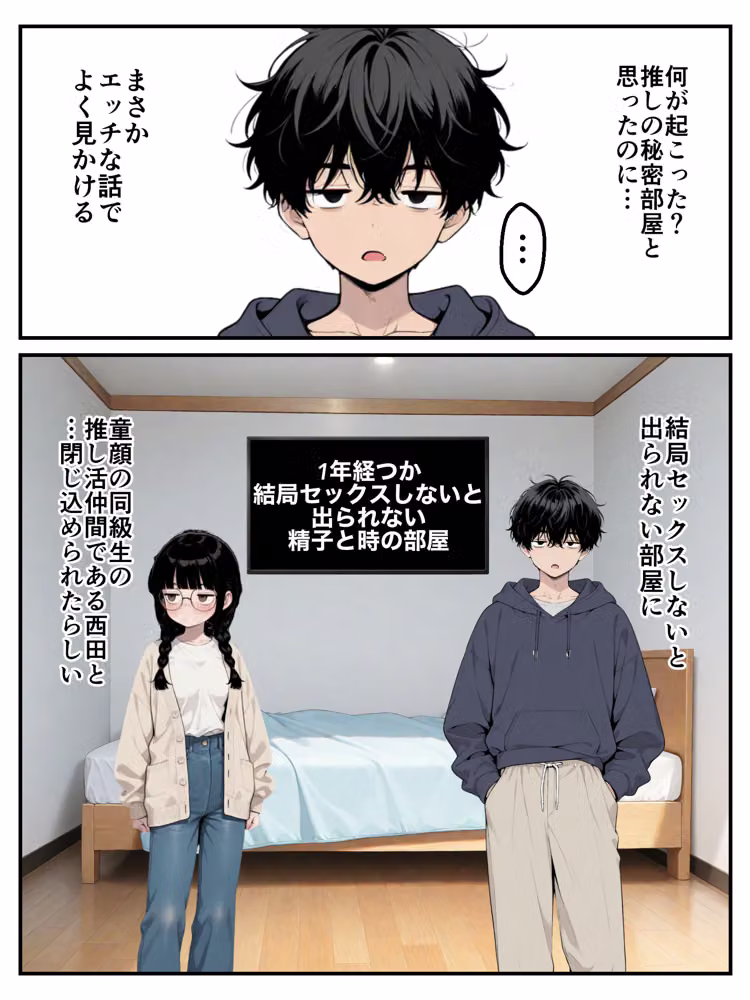 結局セックスしないと脱出できない部屋:童顔オタク仲間のすっぴんと120点ボディに負けて中出しまでいった話 hitomiエロ漫画raw サンプル画像003