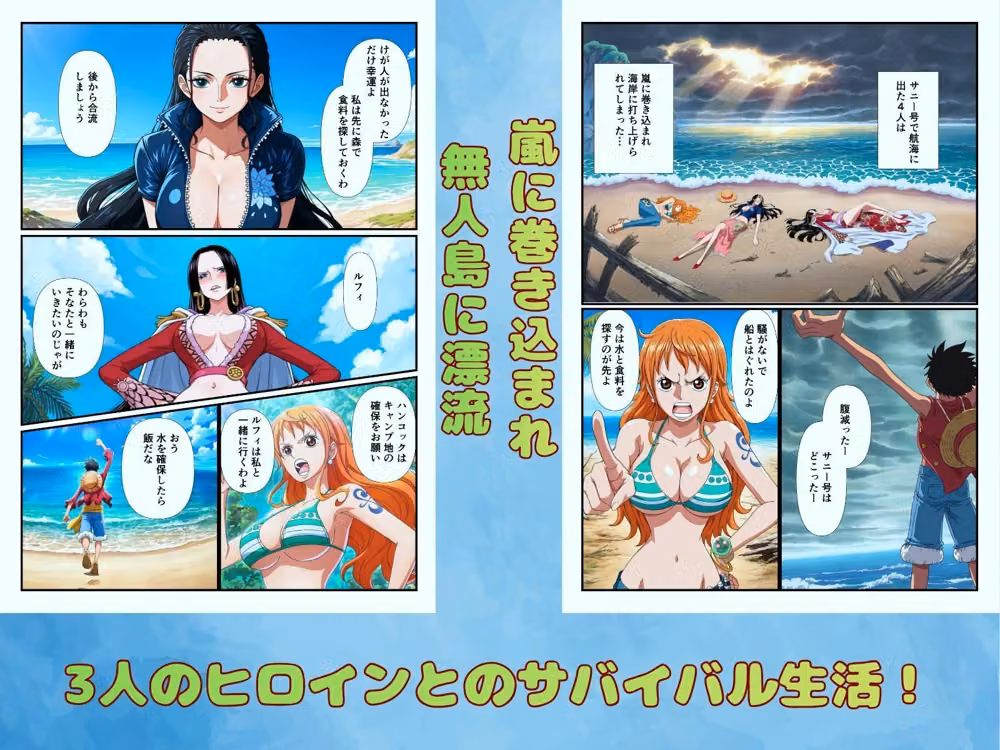 ワ◯ピースヒロインと無人島漂流でハーレムセックス hitomiエロ漫画raw サンプル画像002
