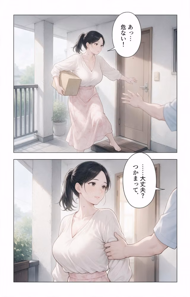 欲求不満な爆乳隣の奥さんを玄関先で抱きとめたら我慢できずに求めてきた話【モザイク版】（単話） hitomiエロ漫画raw サンプル画像009