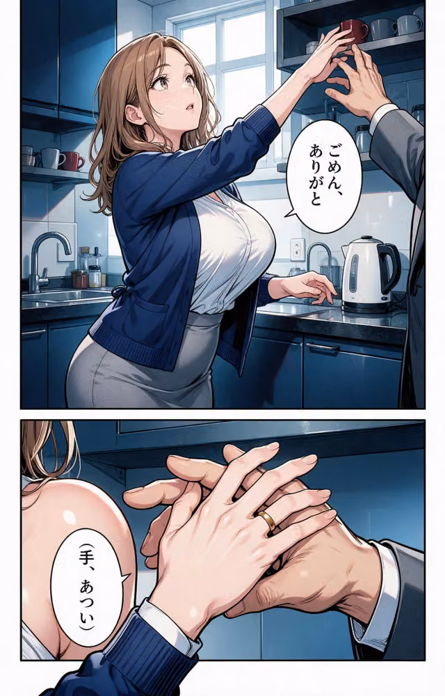 お堅いと思ってた巨乳人妻の先輩に給湯室で呼び止められたら無言で咥えられた話【モザイク版】（単話） hitomiエロ漫画raw サンプル画像006