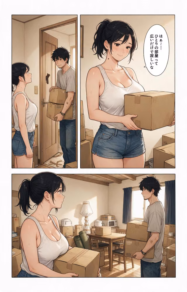 汗だくで火照ったタンクトップ姿の兄嫁さんの引っ越しを手伝ったら上に跨がられて搾られた件【モザイク版】（単話） hitomiエロ漫画raw サンプル画像002