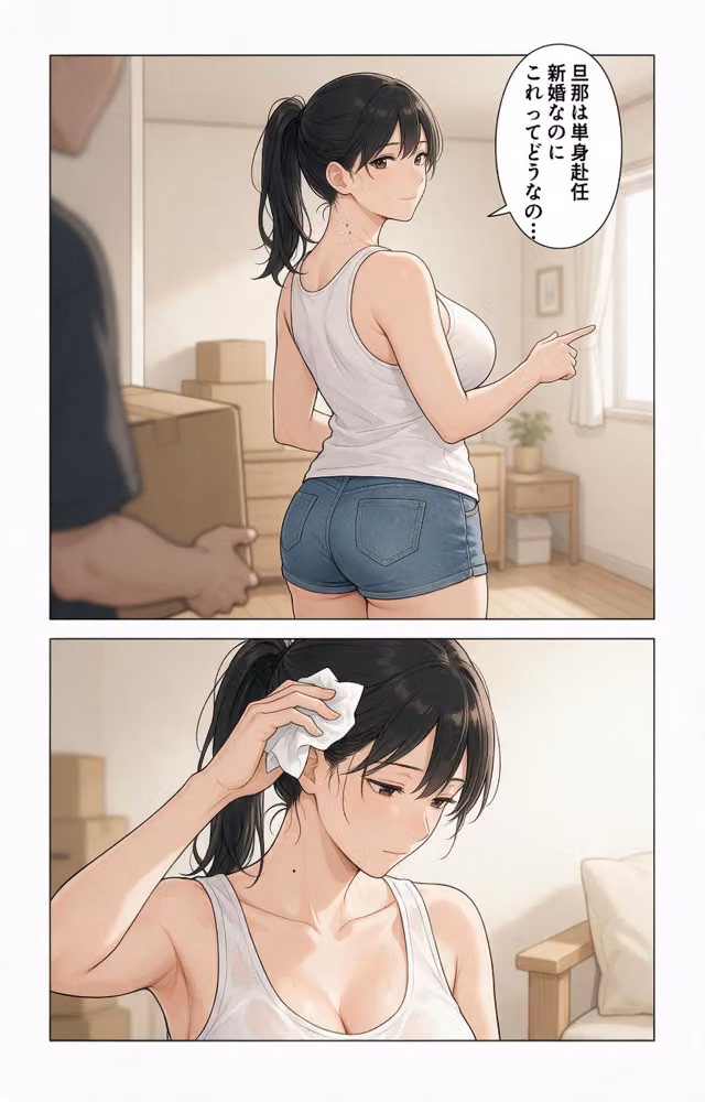 汗だくで火照ったタンクトップ姿の兄嫁さんの引っ越しを手伝ったら上に跨がられて搾られた件【モザイク版】（単話） hitomiエロ漫画raw サンプル画像003