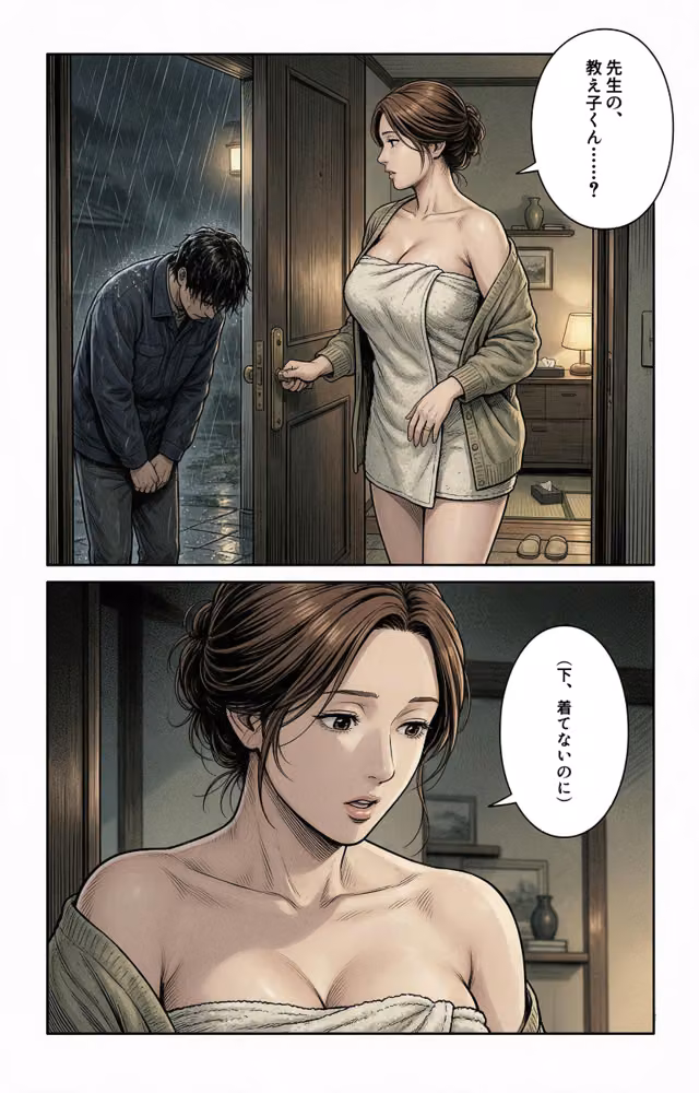 風呂上がりで火照ったノーブラ恩師の奥さんの家に台風で泊まったら好きにしていいって言われた話【モザイク版】（単話） hitomiエロ漫画raw サンプル画像005