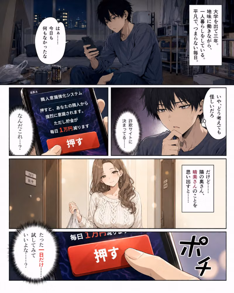 押すたび、1万円消えるボタン…その度に隣の人妻が誘惑してくる。【白抜き修正版】 hitomiエロ漫画raw サンプル画像001